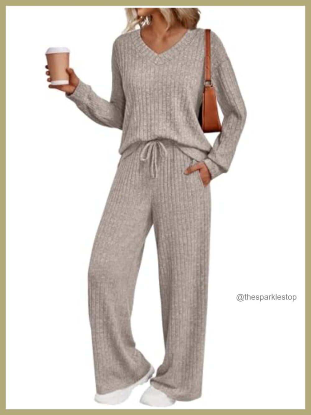 LILLUSORY Women's Ribbed Lounge Set V-Neck Top Wide Leg Pants 2 Piece